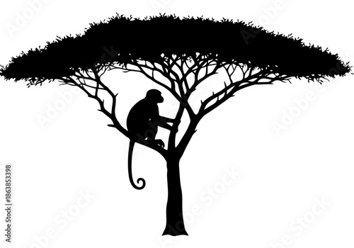 Striking black silhouette illustration of a monkey sitting gracefully on a tree branch, capturing the essence of wildlife and savanna nature in a minimalist vector graphic design element