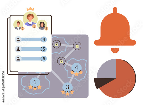 Gamification, productivity tracking, team management, online learning, performance analysis, notifications. User rankings, star ratings network map bell icon pie chart. Gamification