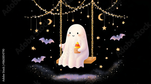 Cute Ghost on Swing in Magical Night Sky with Stars and Bats