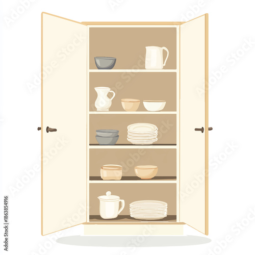 Open kitchen cabinet filled with various ceramic tableware