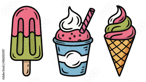 Sweet Summer Treats: Delightful assortment of sweet, colorful ice cream desserts, a visual celebration of refreshment, capturing the joyful essence of sunny days.