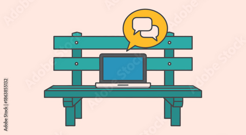 remote work vector illustration of laptop on park bench with chat message icons representing outdoor freelance communication mobile digital nomad lifestyle and remote productivity.
