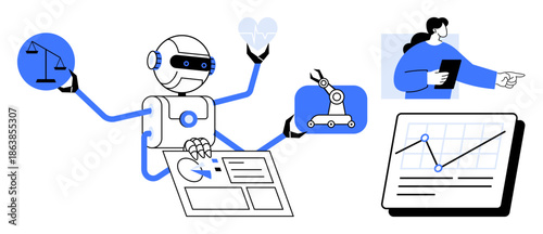 Robot multitasking with scales, heart, robotic arm, documents, charts, and human pointing. Ideal for AI, automation teamwork innovation data analysis technology decision-making. Simple flat