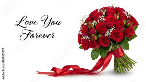 A bouquet of red roses with a ribbon, symbolizing eternal love and affection