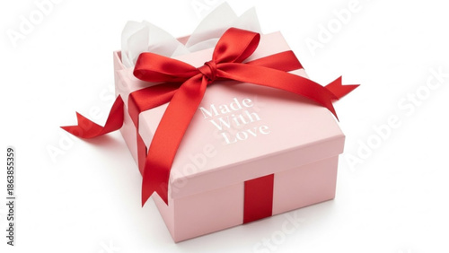 Gift box adorned with a red ribbon on a white background from a top-down viewpoint