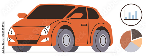 Automotive technology, data analysis, transportation, market trends, eco-friendly vehicles, business reports. Orange compact car with bar graph and pie chart. Automotive technology and data analysis