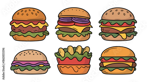 Burger Variety: An artistic display of assorted burgers. From classic cheeseburgers to gourmet creations, each burger is a masterpiece of flavors, textures, and ingredients.