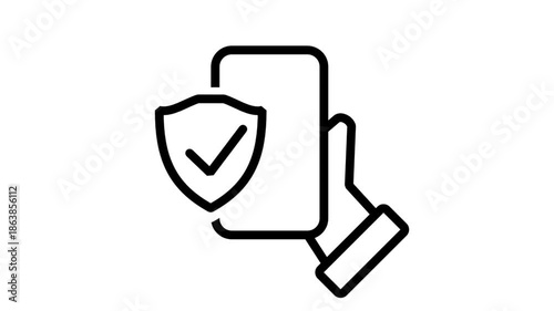 Animated hand holding a smartphone featuring a verified security shield, illustrating mobile data protection, secure login, and safe mobile browsing.