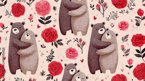 Cute Teddy Bears Hugging Surrounded by Roses for Valentine's Day