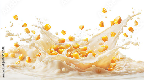 Dynamic Action Shot of Corn Kernels Splashing in Creamy Liquid