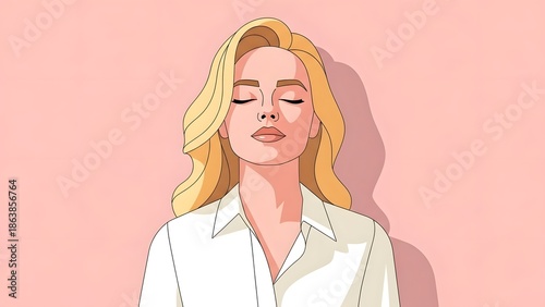 A calm blonde woman with closed eyes in a white shirt, meditating or relaxing against a pink background in a flat illustration style.