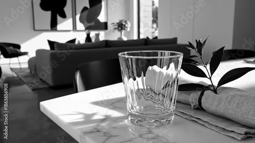 Elegant Interior Scene Featuring Empty Glass and Modern Furniture Against a Bright Backdrop