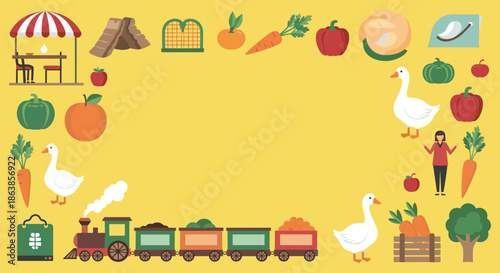 Yellow border background featuring a frame of various lifestyle icons including fresh vegetables and a steam train with geese.