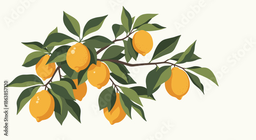 Natural branch of fresh yellow lemons with lush green leaves shown against a light cream background for a fresh citrus theme.
