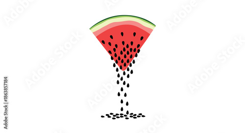 Creative illustration of a watermelon slice with its black seeds falling down to form a small pile on a white surface.