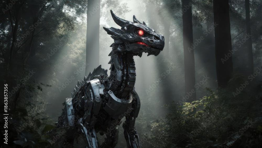 Fototapeta premium Mechanical Dragon in Forest with Glowing Red Eyes.