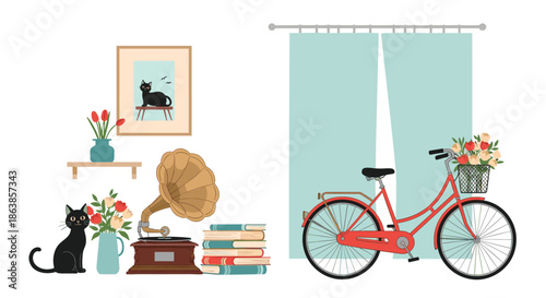 Cozy room interior featuring a red bicycle and a vintage gramophone beside a stack of books and a black cat sitting on the floor.