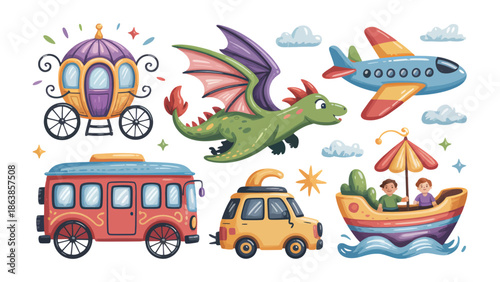 Whimsical Adventure Set: A charming collection of fantastical elements, including a carriage, dragon, airplane, bus, car, and boat, each meticulously crafted and bursting with playful detail. 