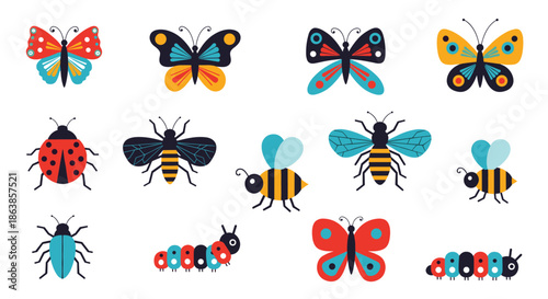 Set of colorful insect icons including butterflies and bees with ladybugs and caterpillars displayed on a plain white background.