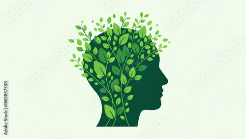 Green leaves sprouting from a human head silhouette symbolizing growth and wellness, ecology and mental health concept with sustainability and environment