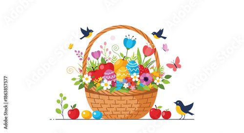 Easter basket filled with colorful eggs and spring flowers surrounded by perching birds and flying butterflies on a white background.