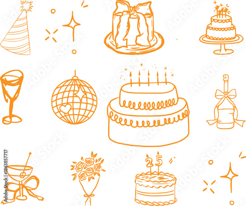 Hand drawn party doodle set with champagne glasses disco ball and heart sunglasses for celebration and nightlife events