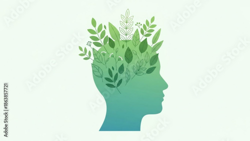 Green human head with leaves and flowers growing out of it, symbolizing growth, harmony with nature, and mental wellness, ecology and sustainability concept
