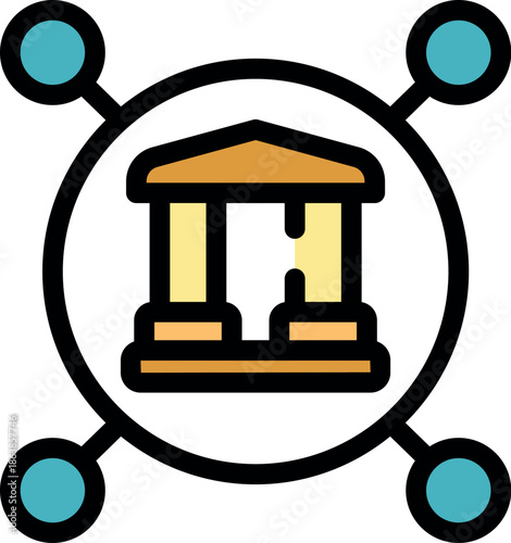 Simple and modern bank building icon connected to a global network, representing international finance and banking services
