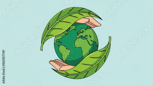 Hands cradling the earth surrounded by green leaves symbolizing environmental care and protection with ecology and sustainability and conservation