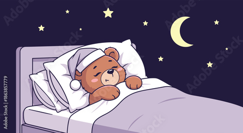 A cute teddy bear wearing a nightcap is sleeping soundly in bed under a starry night sky with a crescent moon showing.
