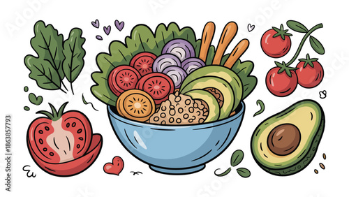 Healthy Vegetarian Bowl: A vibrant and delicious vegetarian bowl overflowing with fresh, colorful ingredients, showcasing a balanced and nutritious meal.