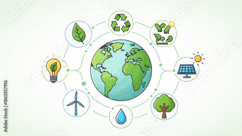 Earth surrounded by eco friendly icons like leaves, recycling symbol, solar panel, wind turbine, and light bulb on white background, representing environmental