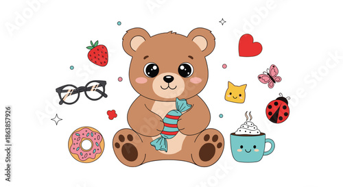 A cute teddy bear holds a wrapped candy surrounded by various sweet and adorable items like a donut cocoa and strawberry.