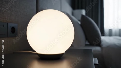 Elegant Interior Lighting, Round Lamp Animation on Nightstand, Modern Bedroom Decor, Close-Up View