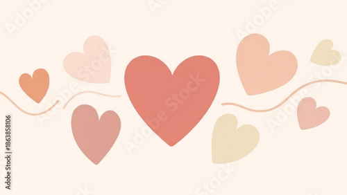 A collection of pink and red hearts in various sizes and shades on a cream background with wavy lines with love and valentine and romance and symbol