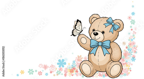 A sweet teddy bear with blue bows and a butterfly on its hand sits next to a beautiful pastel floral corner border.