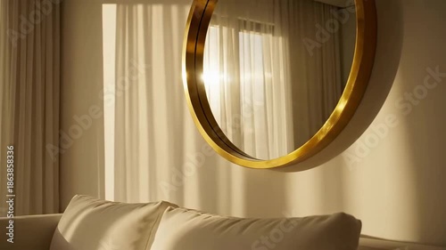 Elegant Interior With A Golden Mirror And Natural Light Creating A Serene Atmosphere