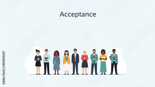 Diverse group of business people standing in line, acceptance and inclusion concept, diverse professionals, business casual attire, people waiting, queue, diverse