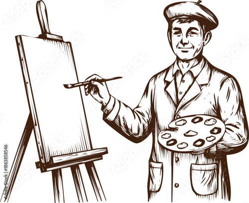 An engraving art style illustration hand drawn artist painting on easel holding palette and brush, sketch style illustration