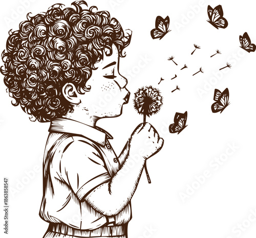 An engraving art style illustration hand drawn adorable child with curly hair blowing dandelion seeds, creating butterflies in flight, handdrawn sketch style