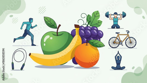 Healthy lifestyle with fruit and exercise icons including running, cycling, yoga, and weightlifting for fitness and nutrition with wellness and apple