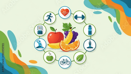 Healthy lifestyle icons and fruit arrangement for wellness and nutrition concepts with exercise and diet symbols with fitness and healthy eating