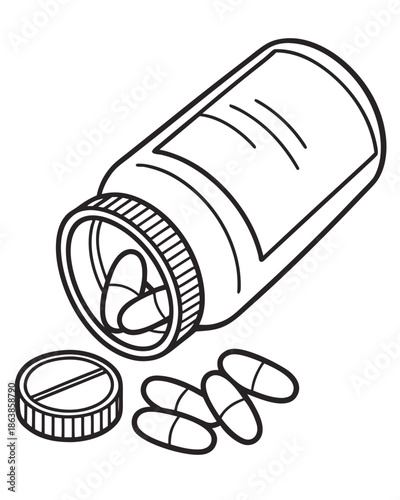 A tipped medicine bottle with its cap off spills several oblong capsules onto the surface. The label is blank, and the drawing is in clean black-and-white line art style.