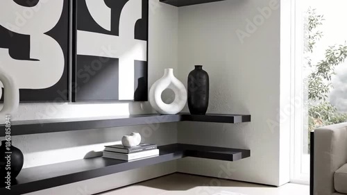 Elegant Interior With Monochrome Decor And Floating Shelves In A Modern Home Setting