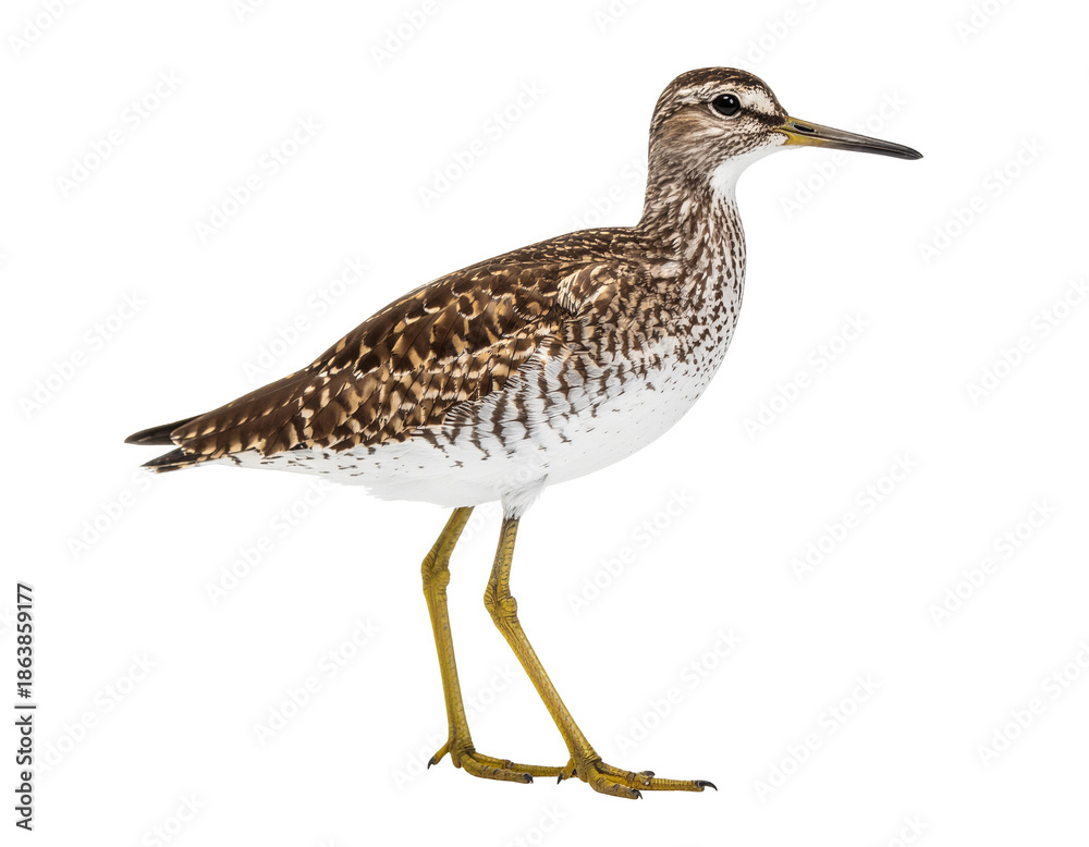 Obraz premium Sand plover standing in white studio setting with brown and white speckled feathers and yellow legs