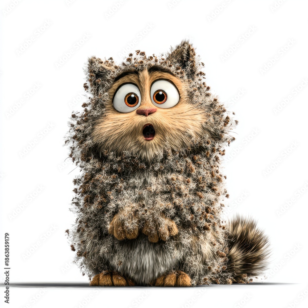Obraz premium Surprised fluffy cat with puffed cheeks and raised tail, showcasing an endearing expression on a white background.