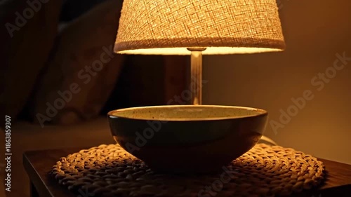 Elegant Interior With Table Lamp And Ceramic Bowl Enhancing Home Decor And Lighting Ambience