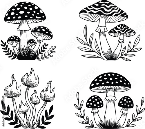 Black and white mushroom silhouette illustration vector set white background