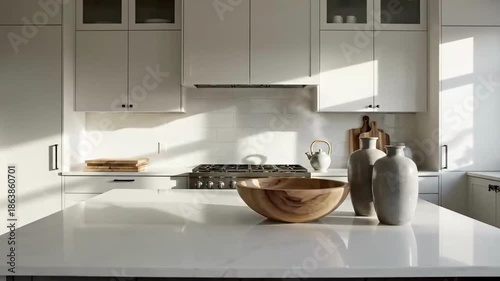 Elegant Kitchen Interior Design With Island And Modern Appliances In Sunlight Streaming Through