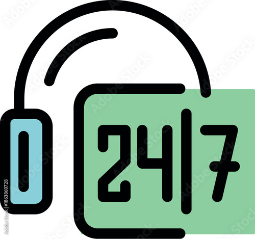 Headset connected to a green 247 availability sign, symbolizing constant customer support and accessibility